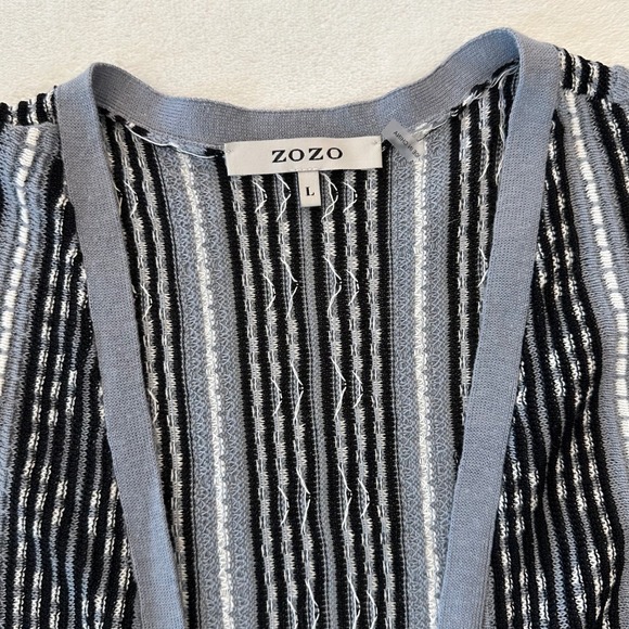 ZOZO Striped Linen Blend Knit Cardigan Open Front Gray Black White Womens L - Picture 3 of 9